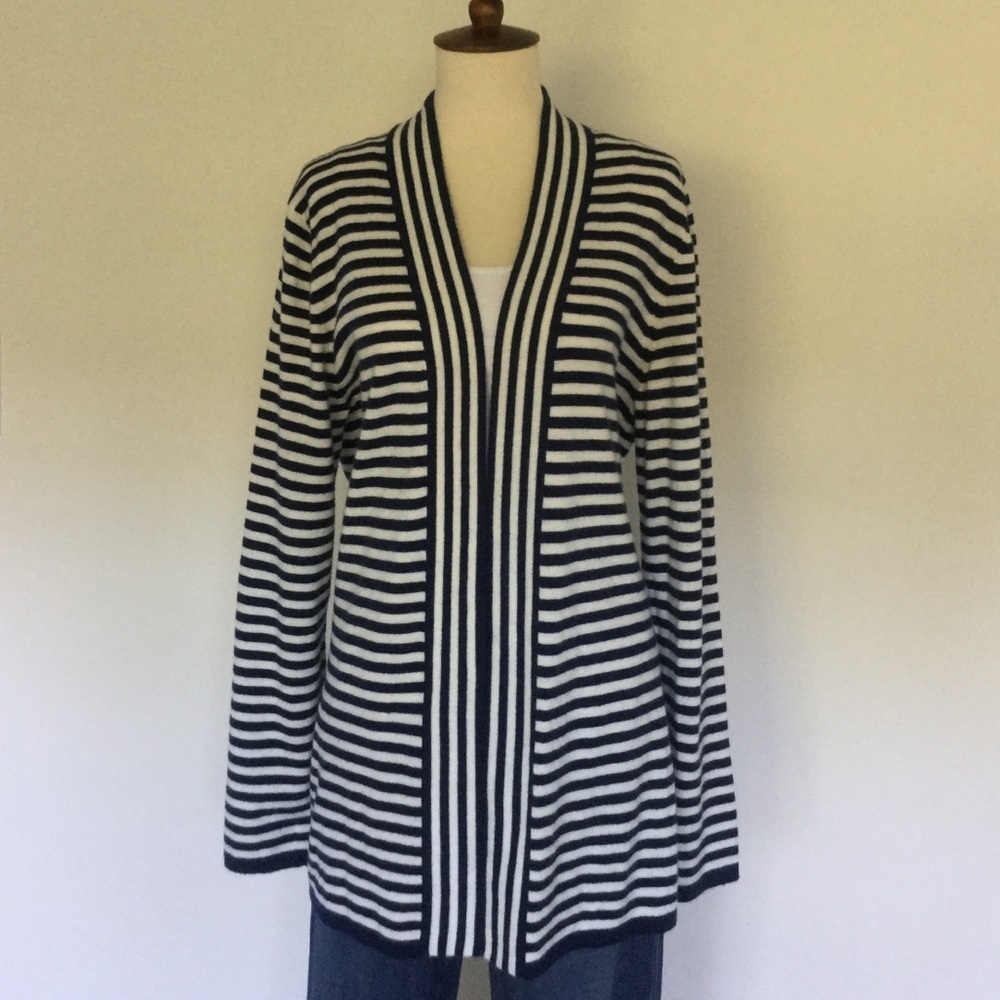 Talbots Lambswool Navy Stripe Open-Front Cardigan Size L - Picture 2 of 4